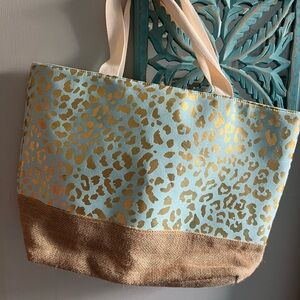 Cheetah Print Teal and Gold Burlap Tote new without tags